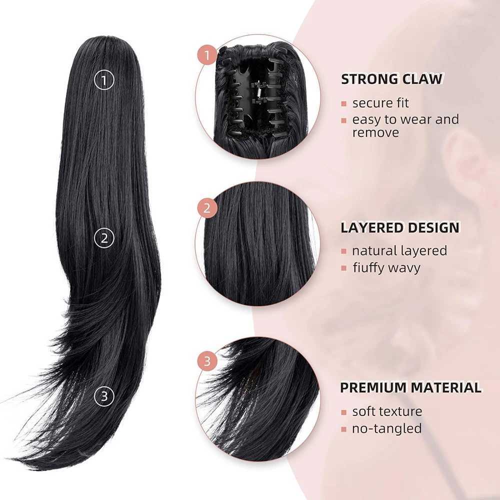 Synthetic wig wave extended ponytail 22 long claw straight hair black hair womens clip for daily party use W240817