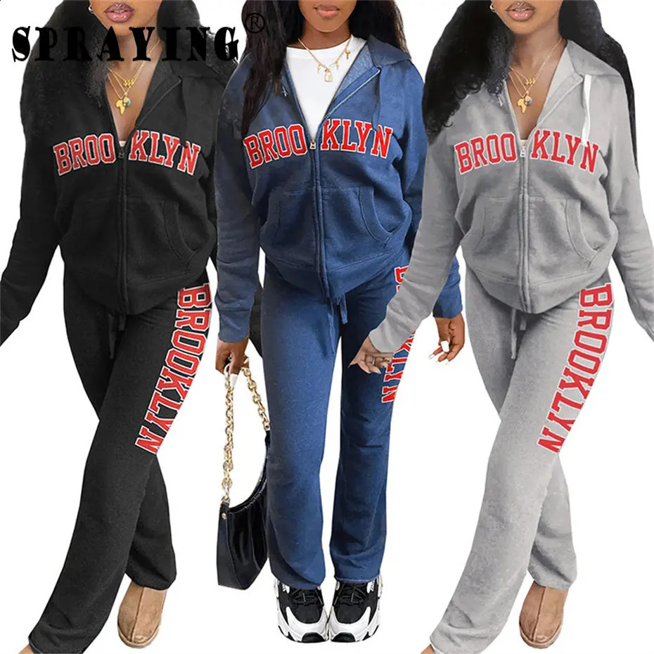 Winter Clothing Womens Letter Printing Thick Two Piece Zipper Hoodie and Flash Pants S1605 240819