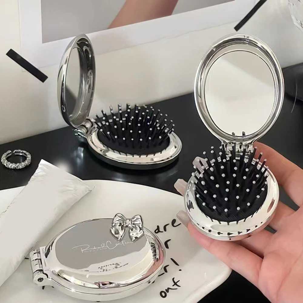 Foldable Hair Brush Mirror Air Cushion Comb Hairbrush With Mirror Pocket Size Scalp Massage Hair Comb Mini Bow Round espejo Y240819