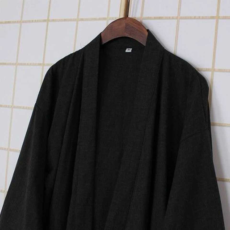 Mens casual solid color Japanese Yukata kimono pajamas long bath robe pajamas lace cotton pajamas loose clothingW240719