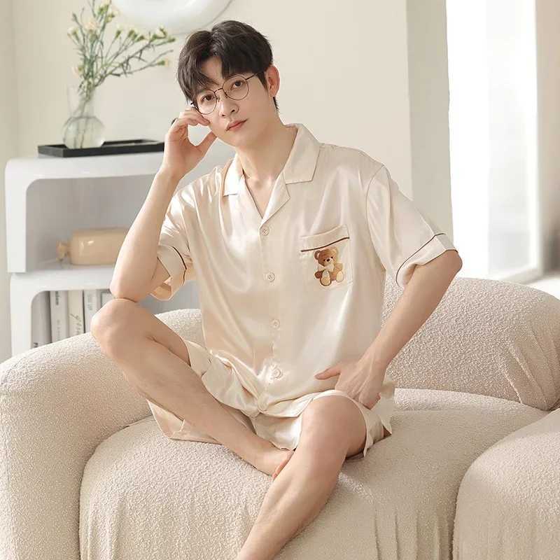 2017 Summer Couple Short sleeved Silk Satin Pajama Set Korean Cute Cartoon Pajama Womens Evening DressW240719