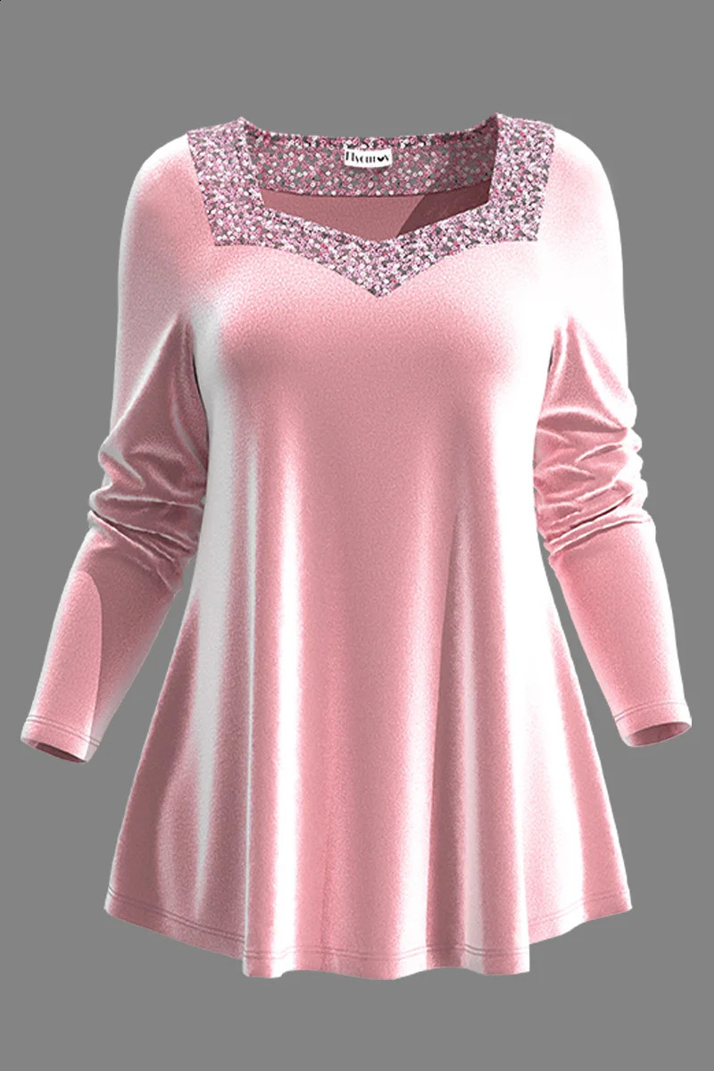 Plus size casual pink velvet sequin decal square neckline shirt long sleeved top elegant womens spring autumn party outfit 240819