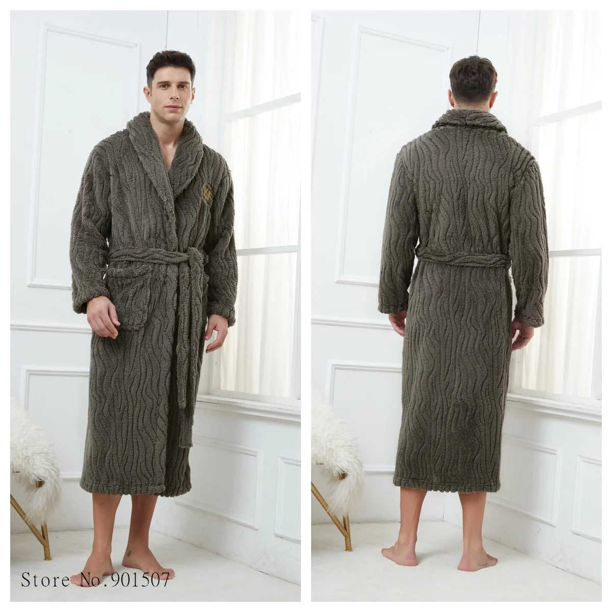 Womens thick sleepwear long bathroom mens shower kimono robe warm autumn coral fleece robe soft bathrobe plus size 3XLW240719