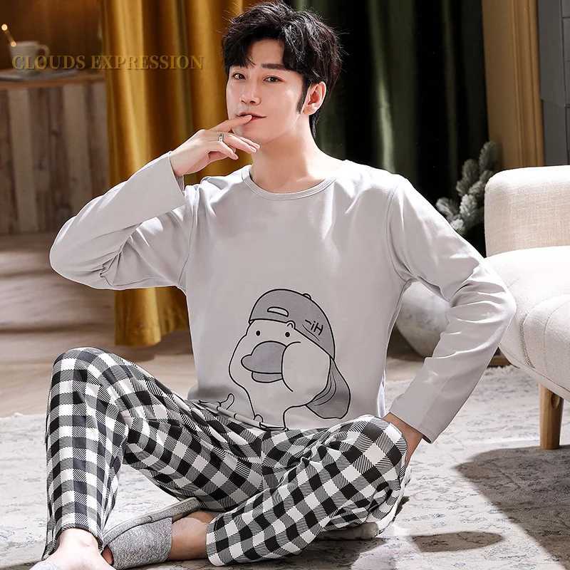 Autumn and Winter Mens Cotton Sleepwear Letter Striped Sleepwear Cartoon Sleepwear Set Casual Sleep and Lounge Sleepwear Plus Size 4XL SleepwearW24071