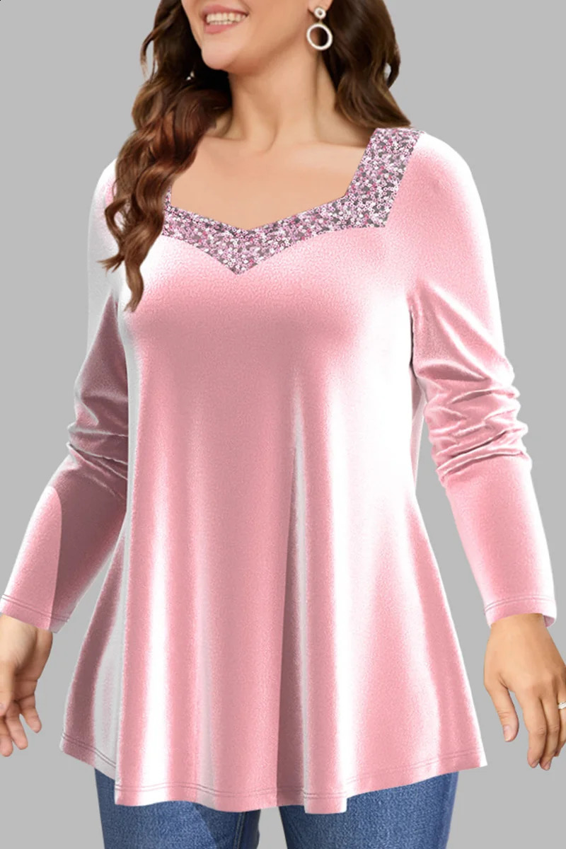 Plus size casual pink velvet sequin decal square neckline shirt long sleeved top elegant womens spring autumn party outfit 240819