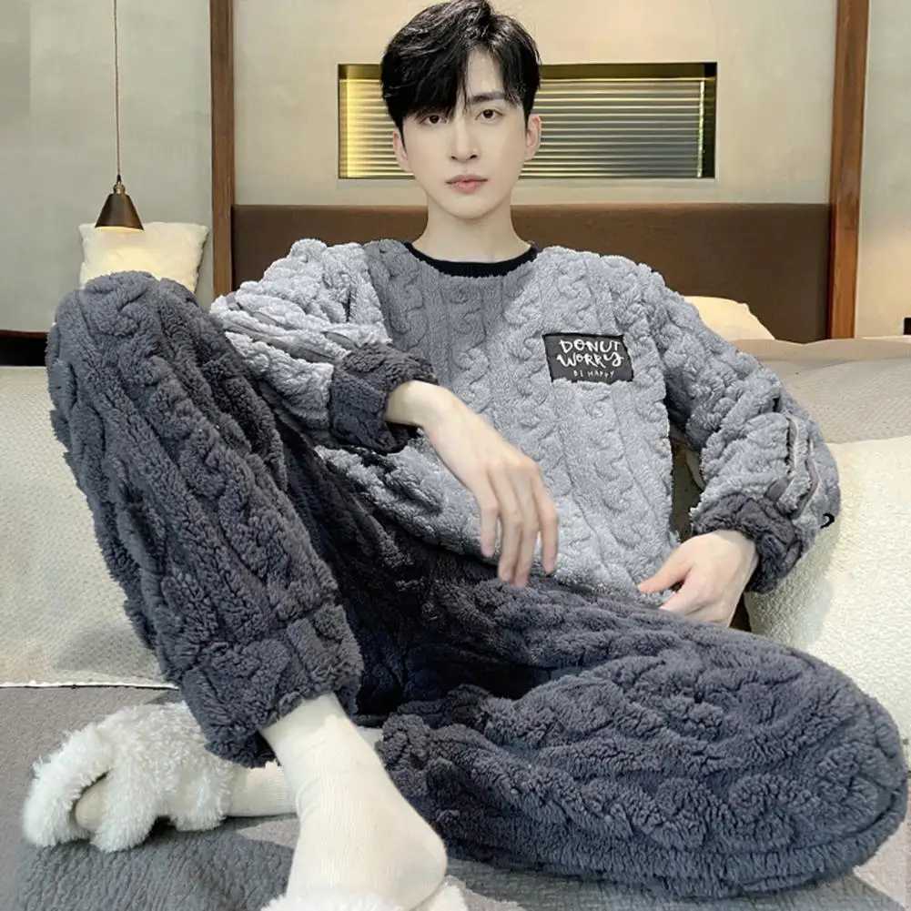 Mens Coral Velvet Pajama Set Autumn and Winter Pajama Set Two Piece Set Plush Velvet Thickened Wool Warm Home Set W241221