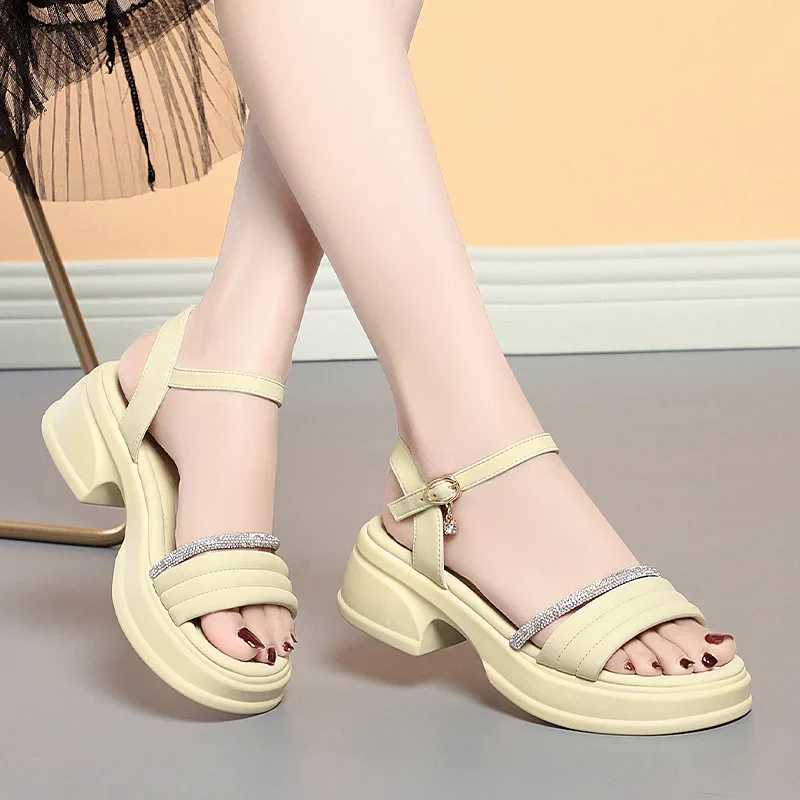 Comfortable Rhinestone Soft Leather Shoes Platform Sandals Summer 2024 Womens Med Square Heels Sandals For Office Mom Elegant CL240806