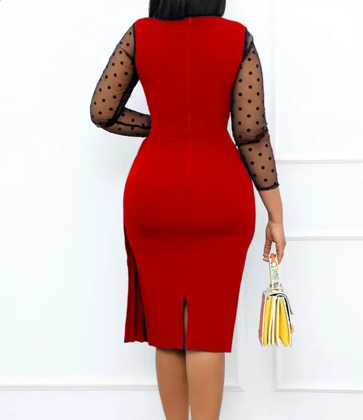 Dresses Women Autumn Fashion Mesh Spliced Long Sleeve Slim Fit Wrap Hip Split Temperament Elegant Dress Female Clothing 240819