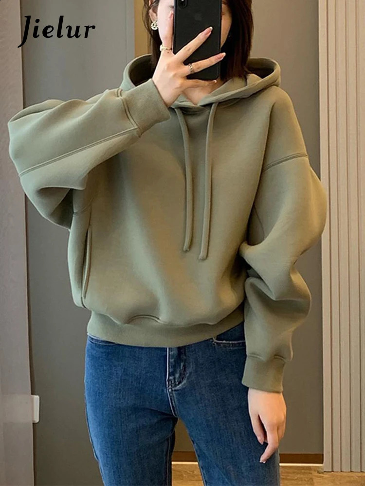 Jielur Fashion Simple Solid Color Womens Sweatshirt Slim Loose Vintage American Casual O-neck Female Hoodies Green White 240819