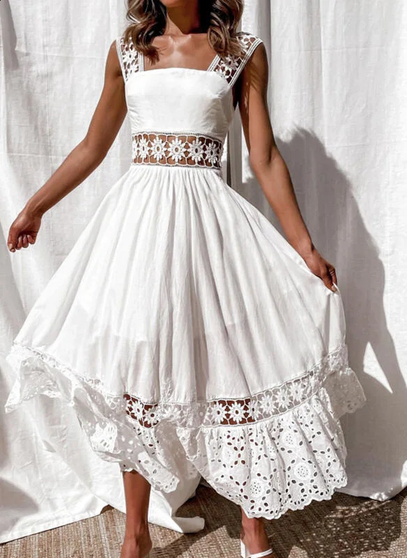 Womens Dress White Hollow Out Cotton Sundress Lace Sleeveless Long Splicing Summer Party Elegant Evening Woman Skirt Clothing 240819
