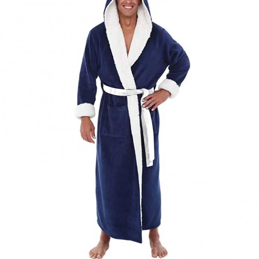 Pocket soft sleepwear mens coral fleece color block long bath robe home dress sleepwearW240719