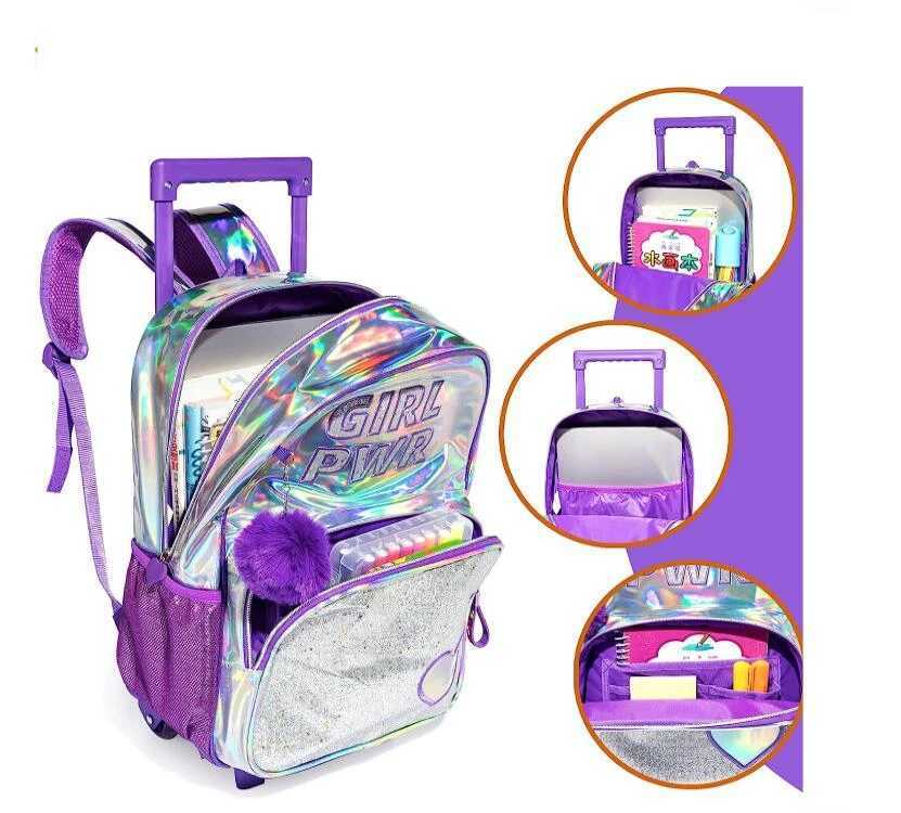 Kids Trolley Backpack and Lunch Bag Set for Girls Sequin Rolling Backpack for Girls Backpack with Wheels Kids Hand Luggage Bag Y240820