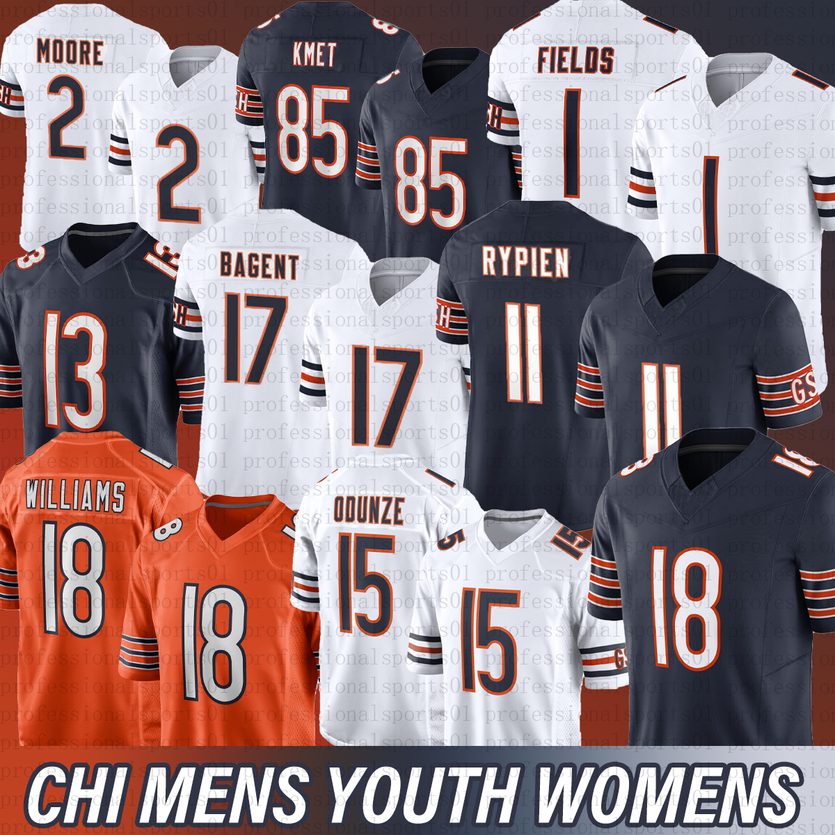 18 Caleb Williams jersey 15 Rome Odunze 2 DJ Moore Bears Football Jersey Brett Rypien Tyson Bagent Keenan Allen Cole Kmet Khalil Herbert Odunze Roschon johnson Jersey