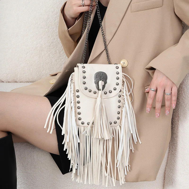 1 piece of European and American fashion soft leather rivet tassel bag chain shoulder cross small bag womens bag 240820