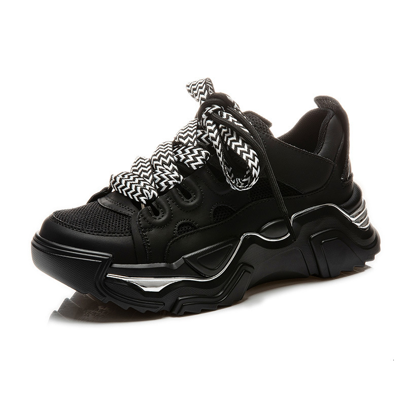Ddmysports Absorbing Film Sole Genuine Leather Dad Shoes For Women In Spring New Thick Soled Running Black Sports S Trend OUTDOOR