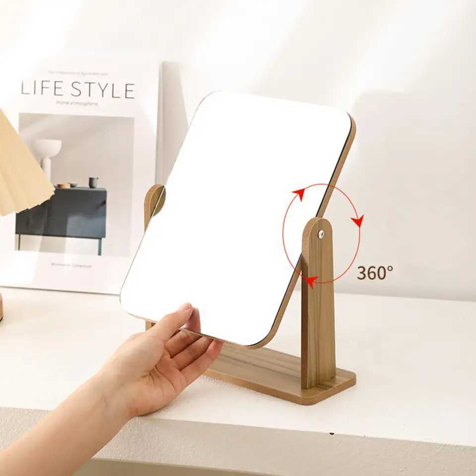 360 Degree Rotating Makeup Mirror Dresser Vanity Mirror With Natural Wood Stand Table Countertop Mirror Bathroom Bedroom Mirror Y240819