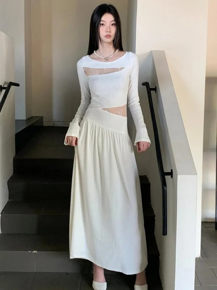 Lace White Long Dress WomenS Spring And Autumn Style High-End Sense Spliced Waist Exposed Slim Fit Temperament Dress 240819