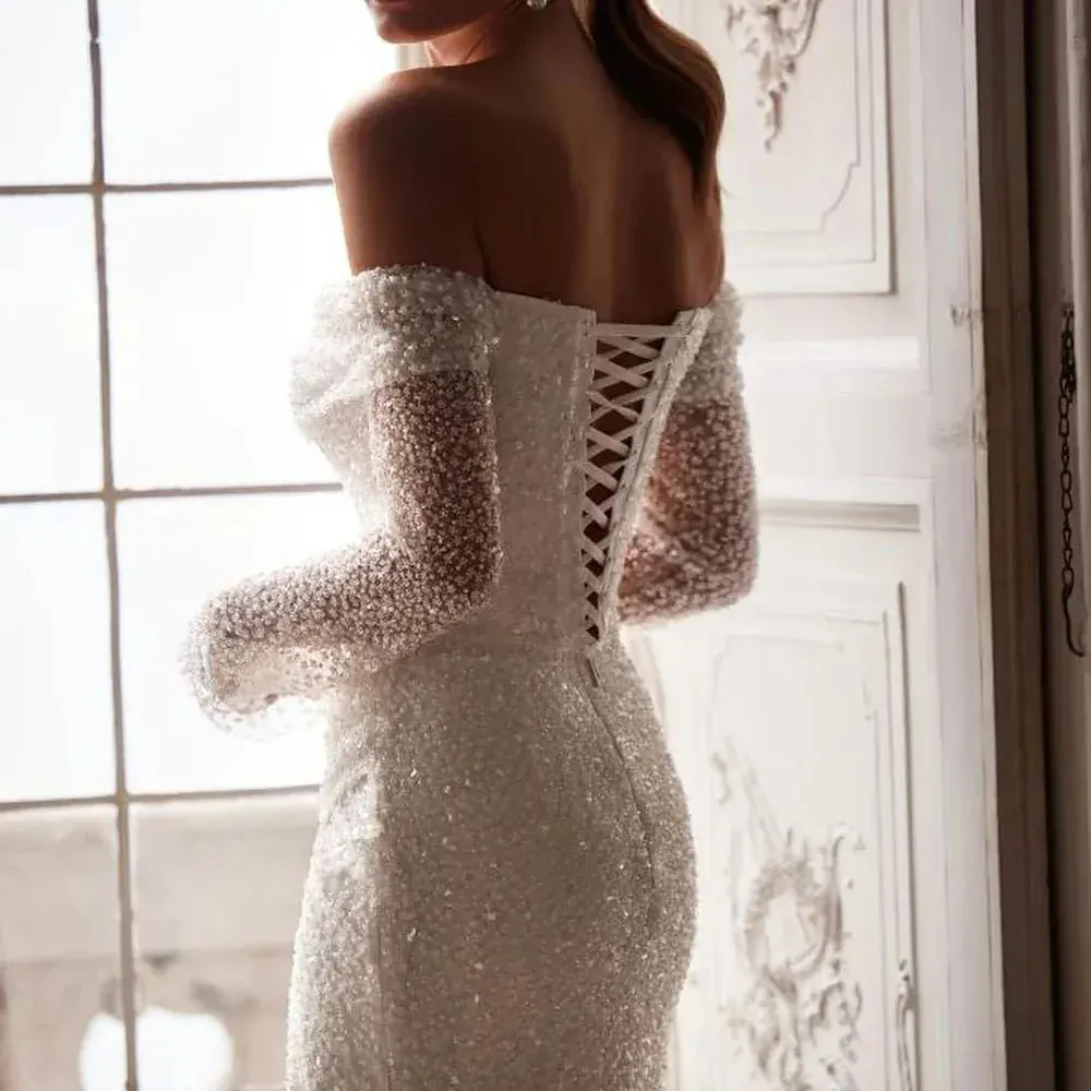 Glitter Squined Mermaid Wedding Dress Sexy Side Slit Long Sleeves Lace Up Beading Bridal Gown Floor Length Vestido De Novia Ne