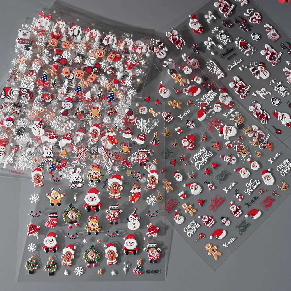 5D Embossed Gingerbread Man Nail Art Sticker Cute Christmas Winter Santa Claus Snowflake Elk Engraved Slider Manicure DecorationXJ240815