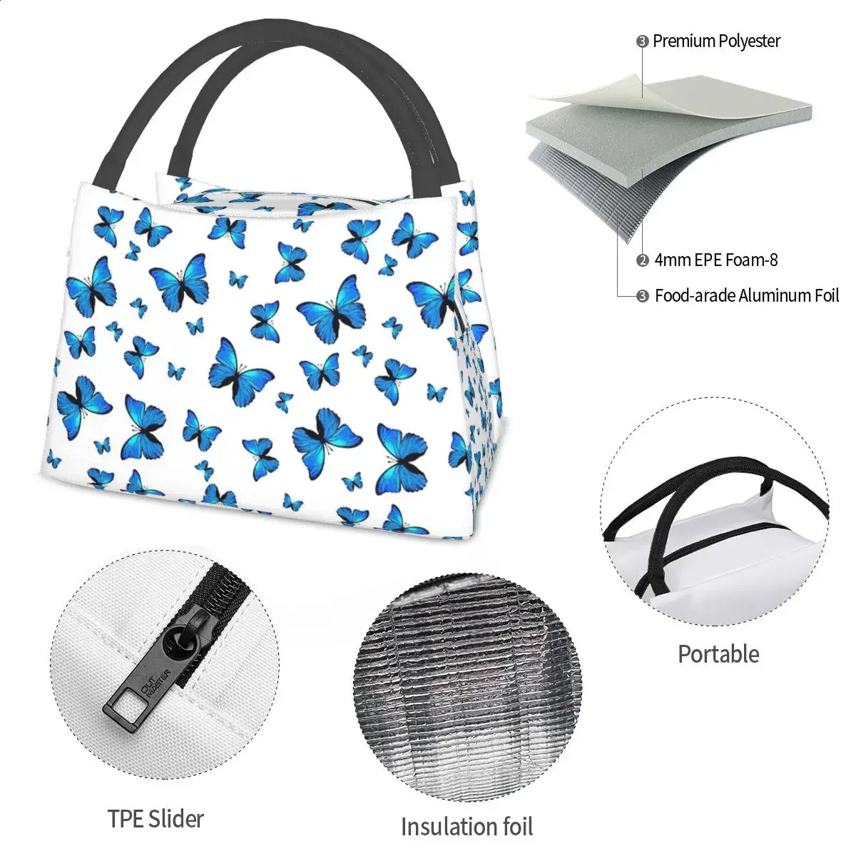Blue Butterflies Print Lunch Bags Insulated Bento Box Portable Lunch Tote Picnic Bags Cooler Thermal Bag for Woman School 240819