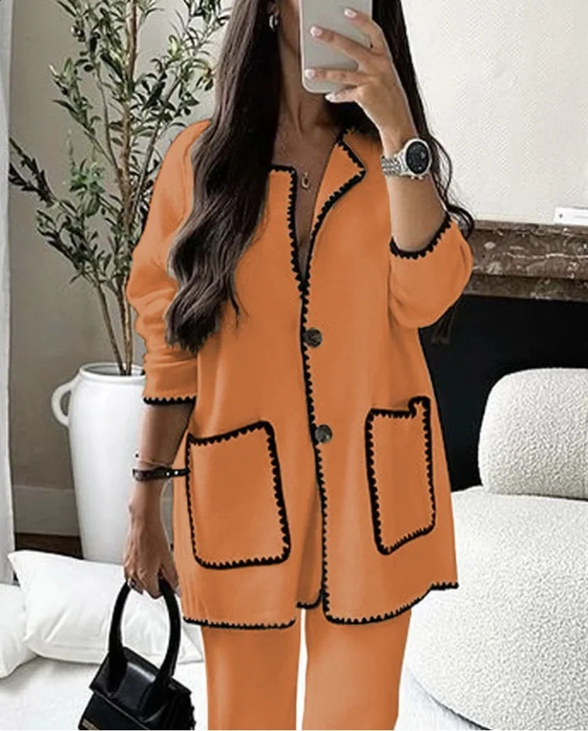 Women Patchwork Pocket Long Sleeve Knit Pant Set Fashion Single Breasted Cardigan Coats Autumn Winter Female Warm Street Jacket 240819