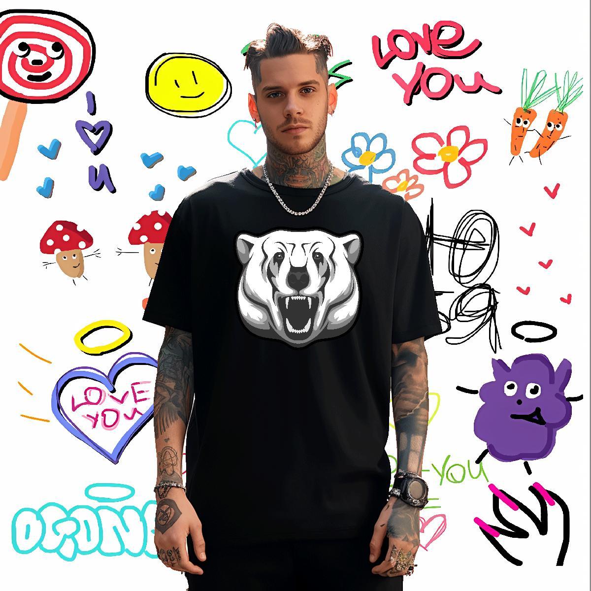 Loose T-Shirts for Men bear Breathable Short Sleeve Casual Asian Size 230g Cotton Men Tees Casual New Clothings