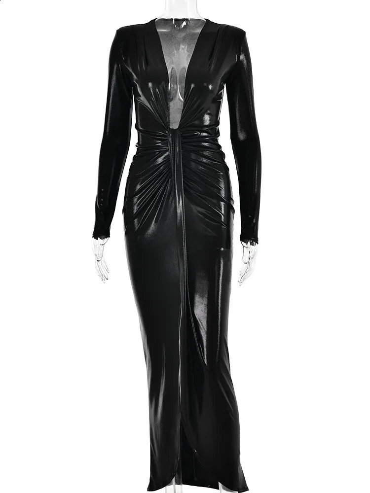 Mozision Deep V Neck Long Sleeve Bodycon Maxi Dress For Women Autumn Winter Ruched Shiny Sexy PU Leather Dress Vestidos 240819
