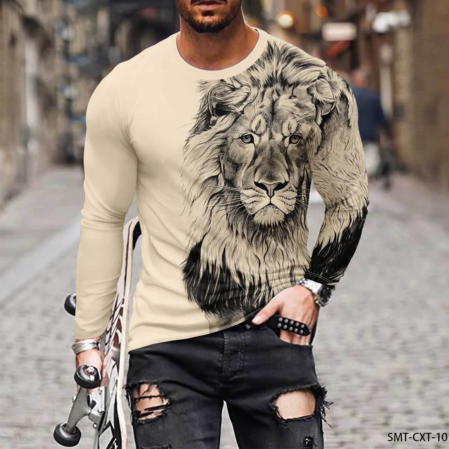 Funny 3D Lion Print Mens T Shirt Casual Cotton Long Sleeve T-shirts Fashion Loose O-neck Pullover Tops Autumn Tee Mens ClothesXJ240819