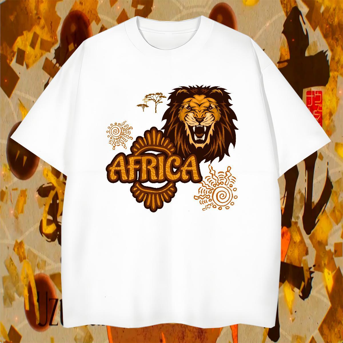 TOP Quality T-Shirts Africa lion Breathable Crew Neck Spring Summer Floral Print 230g 100% Cotton Men Tshirts Casual New Wear