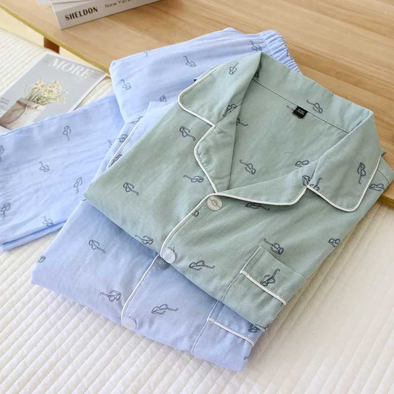 Mens sleepwear winter long sleeved pants pure cotton simple glasses printing home service set autumn sleepwear mens sleepwearW240719