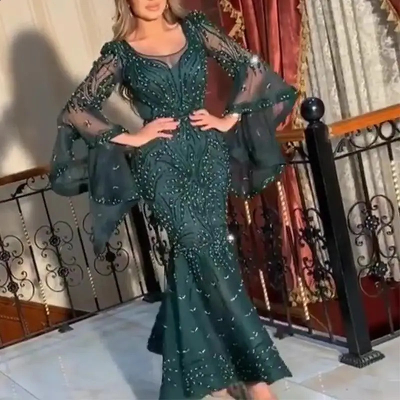 Arrival Green Sexy Party Wear Dress Long Sleeve Mermaid Prom Dress Sequin Beaded Lace Evening Dress 240819
