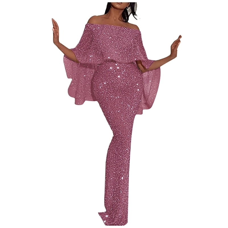 Womens Fashion Sexy Solid Color Off Shoulder Slim Fit Sequin Wrap Hip Split Party Dress 240819