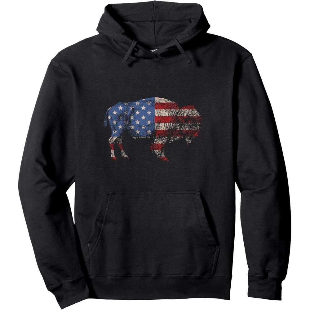 Hoodie for Mens Womens Vintage Retro Bison American Flag Buffalo Simple Pullover Hoodie Hoodies sweatshirt pullover jacket Long sleeve