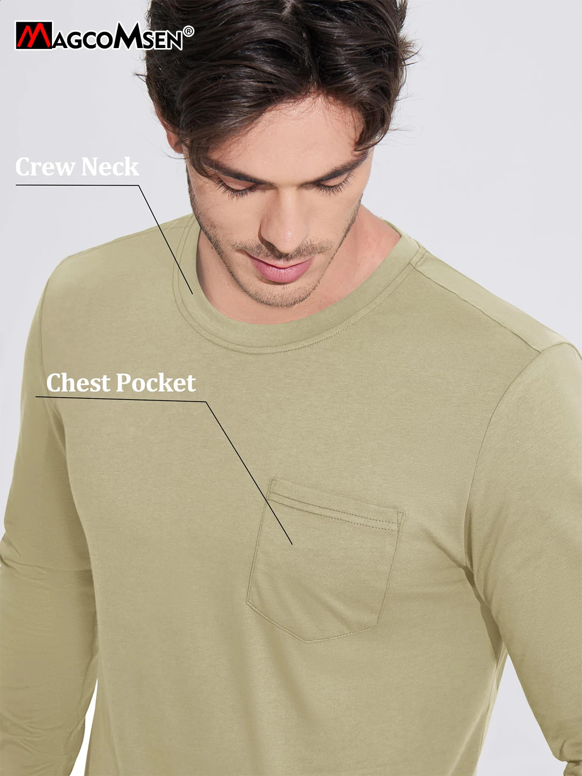 MAGCOMSEN Cotton Long Sleeve T-shirt Mens Crew Neck Shirt with Chest Pocket Lightweight Daily Casual Top Soft Work Shirt 240820