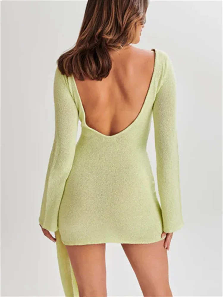 Tossy Knit Backless Mini Dress Womens Summer Patchwork Pleated Sexy Long Sleeve Elegant Dress Casual Solid Knitwear Dress 240819