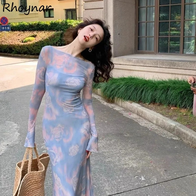 2pecs Long Sleeve Dresses Women Slim Ankle-length Vintage Rose Spring Autumn Basic Streetwear Sexy Graceful Female Hip Wrap 240819