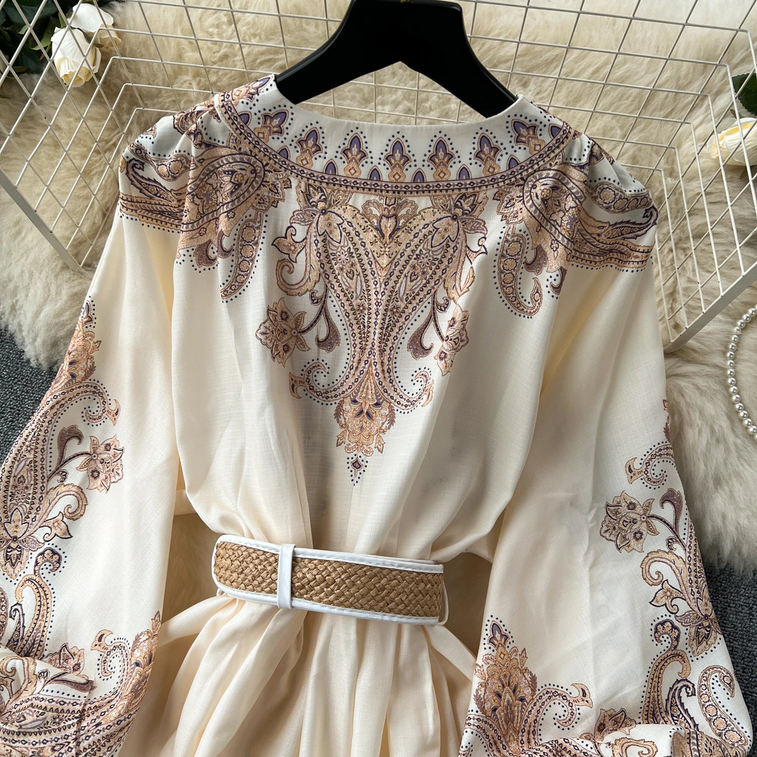French Vintage Elegant v Neck Puff Sleeve Print Dress A-line Fashion Spring Summer Vestidos Women Dresses