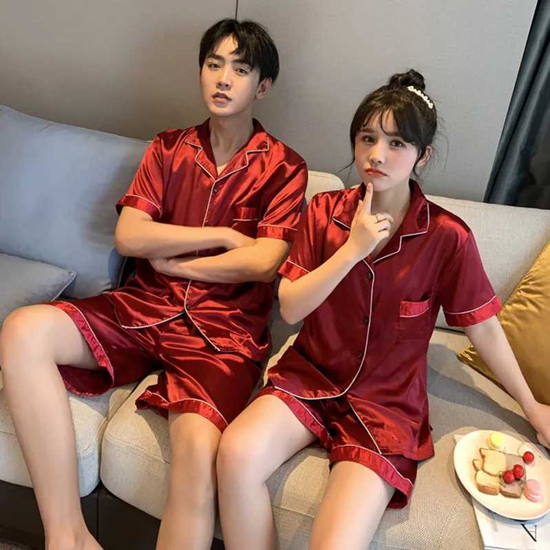 New couple sleepwear silk satin solid color sleepwear set short sleeved family clothing sleepwear womens sleepwearW240719