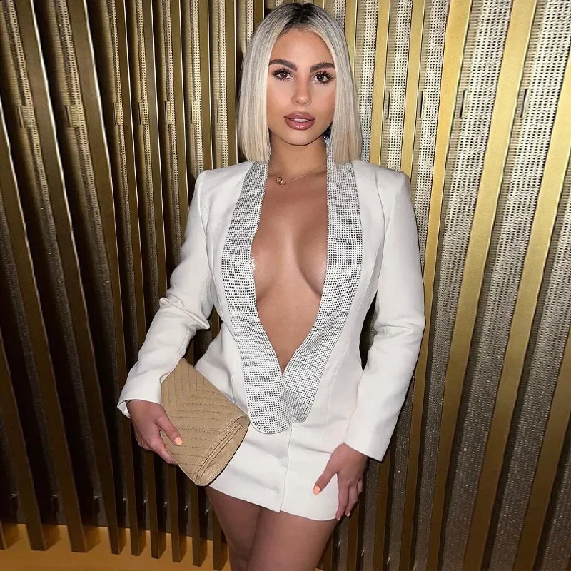 Sexy Sequin Deep V-Neck Dress Women Autumn Backless Blazer Long Sleeve Glitter Ladies Dresses Party Club White Black Cloth 240819