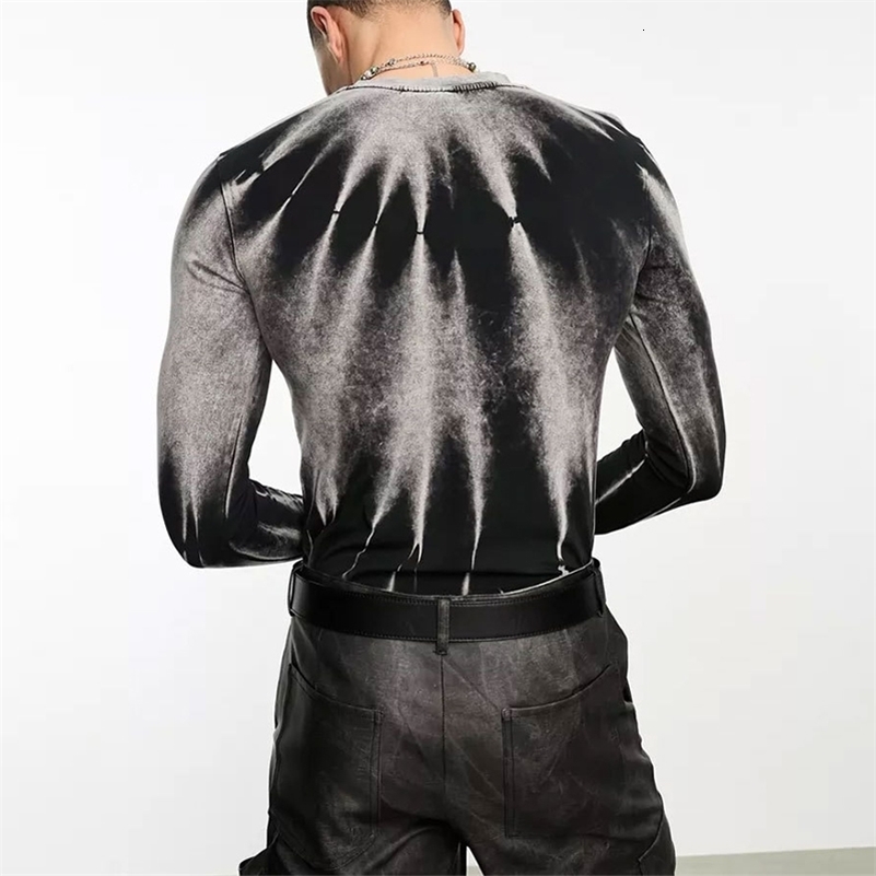 Fashion Mens T Shirts Streetwear Fall Long Sleeve O Neck Stretch Slim Fitting Basic Tops Men Y2K Style Printed T-shirt 240819