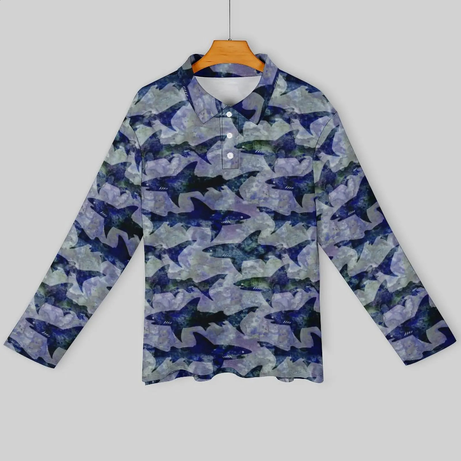 Great White Shark Polo Shirts Male Funny Animal Print Casual Shirt Autumn Novelty Collar Long Sleeve Custom Oversized T-Shirts 240820