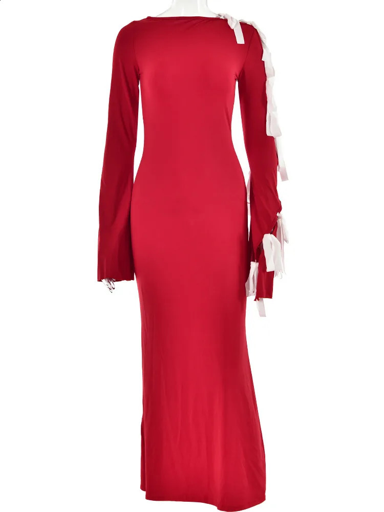 JULISSA MO Elegant Bandage Hollow Out Long Sleeve Bodycon Maxi Dress For Woemn Autumn Blue Sexy Outfits Party Clubwear 240819