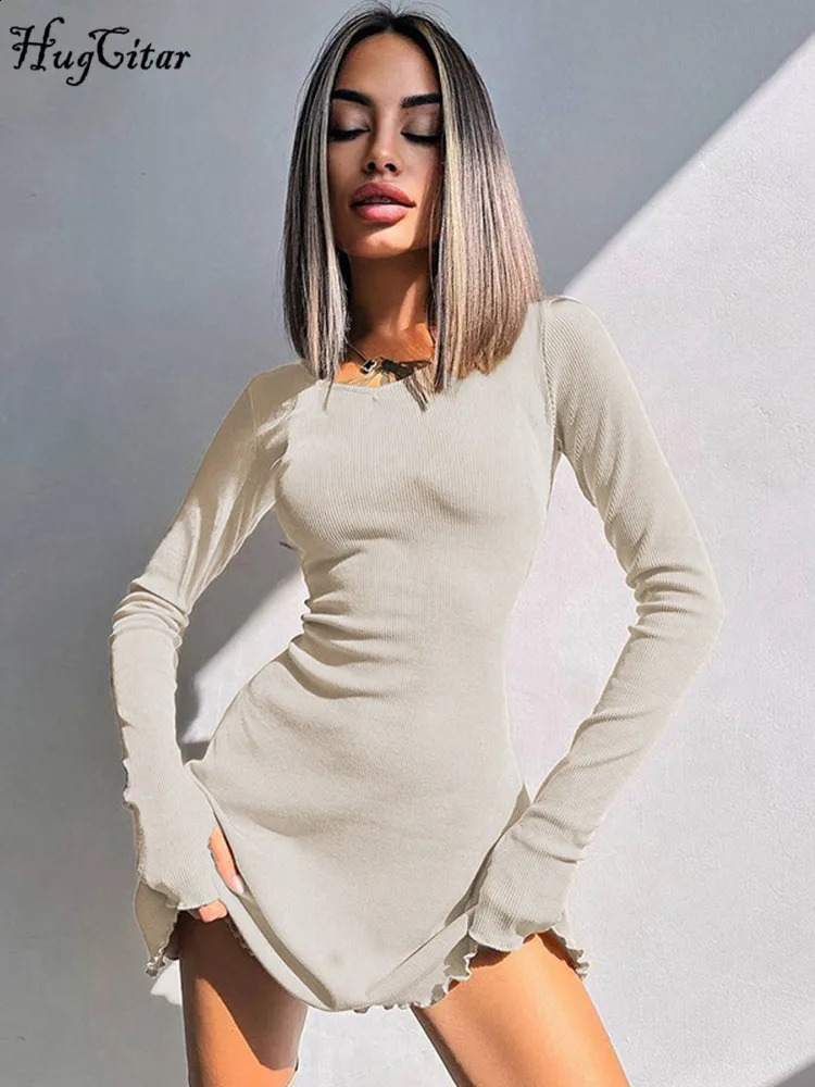 Hugcitar Ribbed Solid Long Sleeve Lace Up Ruffles Elegant Sexy Bodycon Mini Dress Spring Women Clothes Birthday Party 240819