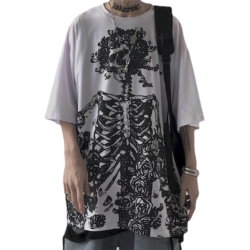 Men T-shirts Summer Streetwear High Street Gothic Skull Tshirt Loose Oversized Short-sleeved T shirt Dark Anime Men Y2k Top 240819