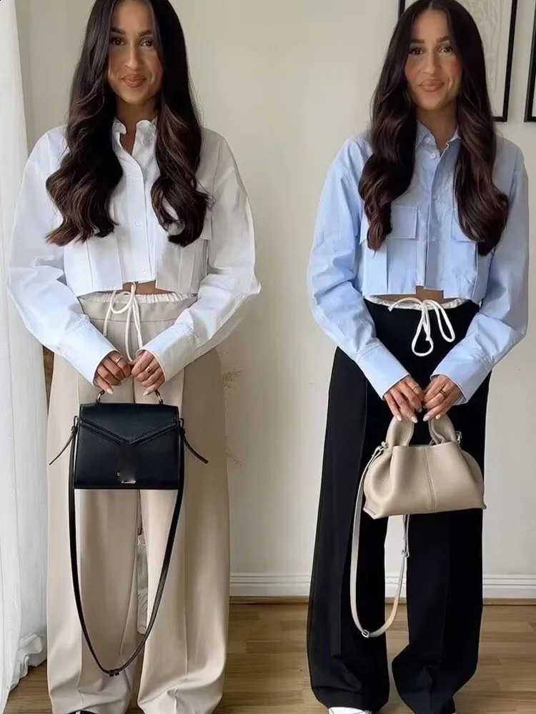 TRAF Womens Solid White Shirt Long Sleeve with Pocket Casual Loose Unique Top Office Fashion Basic Edition 240814