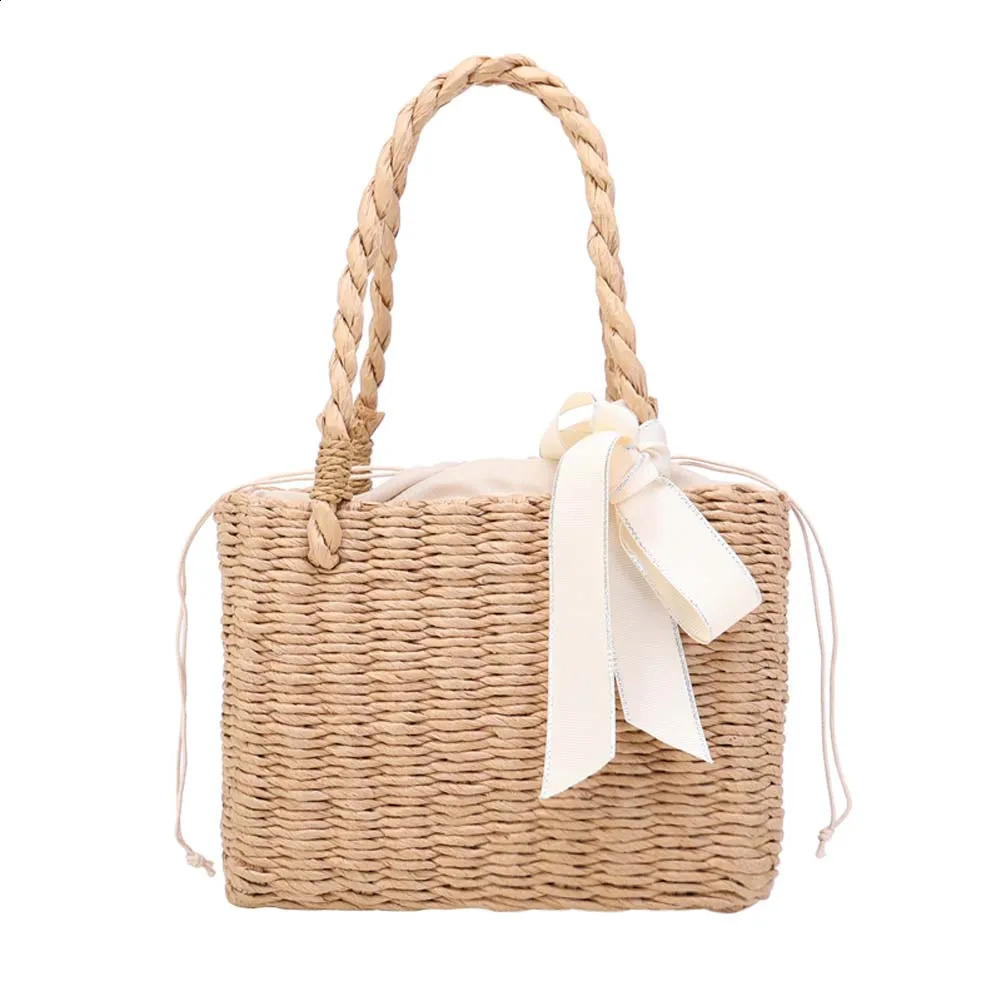 Beach Handmade Woven Portable Tote Bag Fashion Rattan Silk Ribbon Basket Handbag 240819