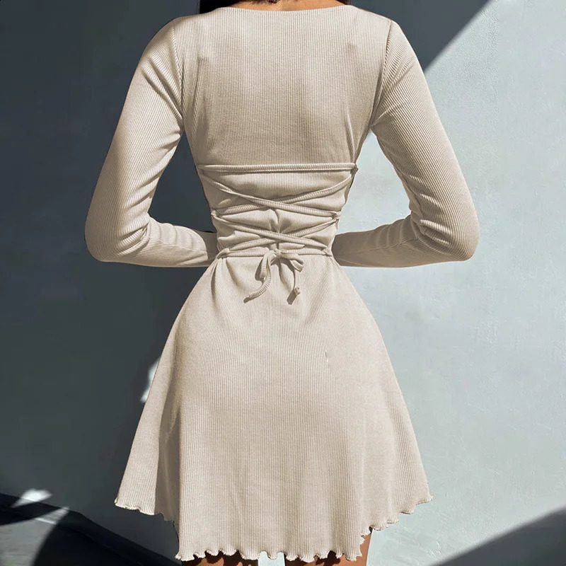 Cryptographic Solid Knitted Mini Dress for Women Elegant Outfits Fall Long Sleeve Bandage A-Line Vestido Plunge Dresses Clothes 240819