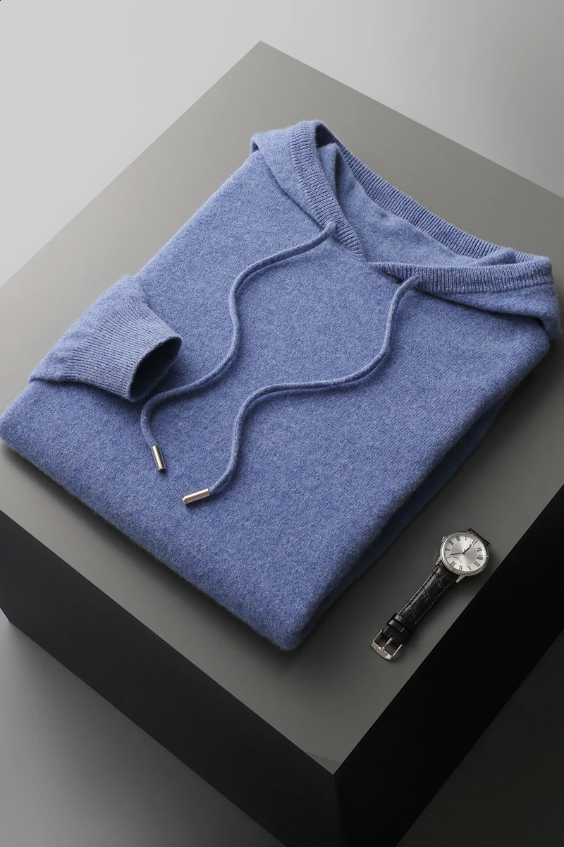 Mens sweater 100% pure wool knitted pullover autumn and winter thick cashmere casual loose hooded top 240819