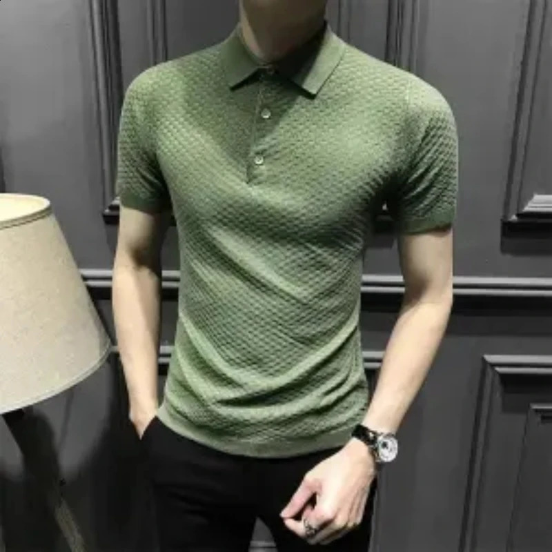 Man Short-sleeve Solid Color Tops Men Summer Y2K Business Casual Sport Chic Male Pullover Korean Fashion Elegant Polo T-shirt 240819
