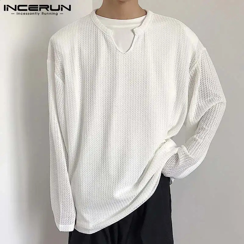 INCERUN Mens T Shirt Solid Color V Neck Long Sleeve Streetwear Korean Tee Tops Loose Fashion Casual Men Clothging S-5XL 240820